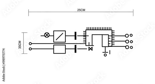 Technical Drawing of an Electronic Circuit Diagram with Dimensions on an Isolated White Background