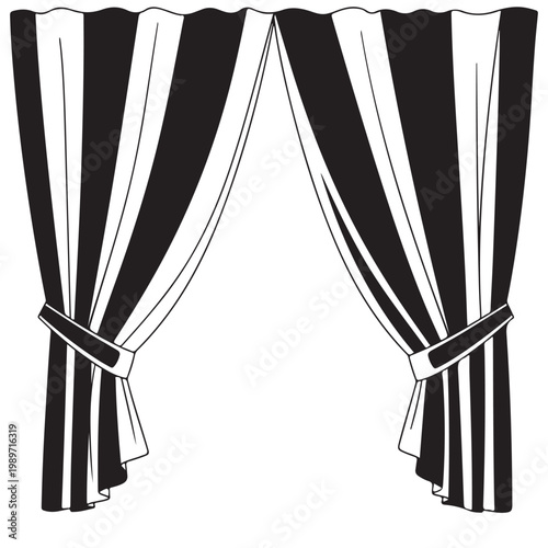 Black and white striped curtains vector illustration tied back for theater stage or window frame design element