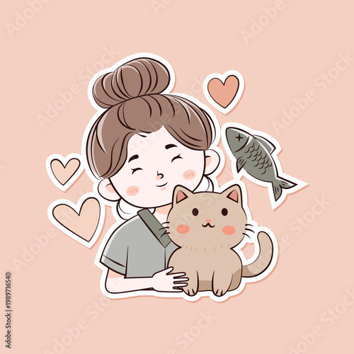 Woman hugging cat with fish and hearts around