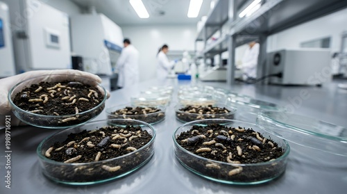 A gloved hand holds a petri dish filled with soil larvae and beetles with rows of similar dishes and scientists in a lab environment science laboratory research biology entomology