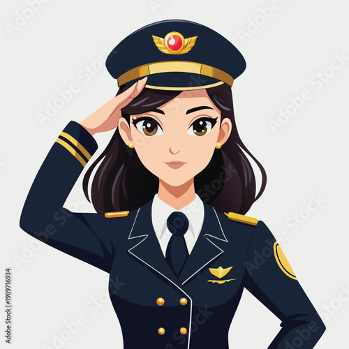 Confident female airline pilot saluting with honor wearing professional uniform