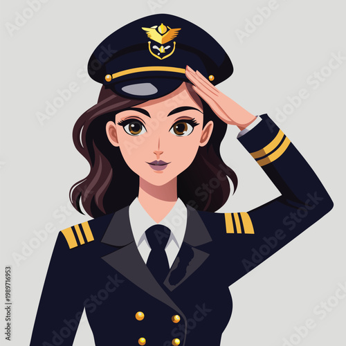 Empowered young woman in pilot uniform saluting with dignity and professionalism