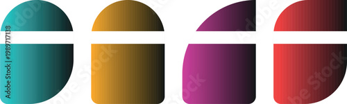 A graphic illustration presenting four abstract rounded containers each designed with a unique curved silhouette and a distinct gradient fill. A white rectangular label is integrated into the upper 
