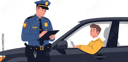 Police officer issuing ticket to driver during traffic stop law enforcement road safety and regulation concept illustration