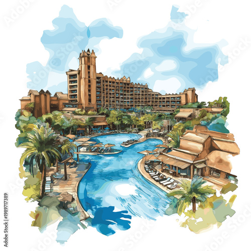 Sun City Resort. Sun City Resort hand drawn watercolor illustration on white background