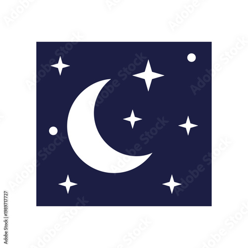 A mystical night sky featuring a crescent moon and scattered stars on a dark blue background