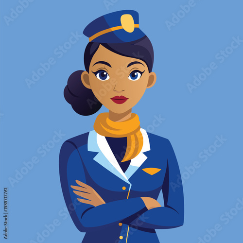 Professional female flight attendant in blue uniform with arms crossed ready to assist passengers