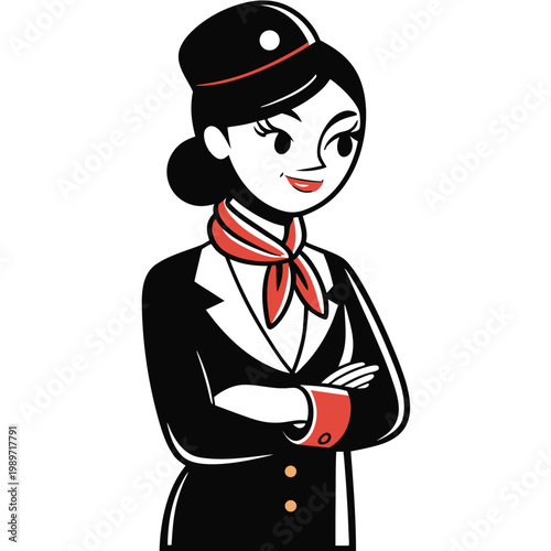 Stylish air hostess in classic black and white uniform with red scarf looking sideways