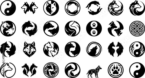Set of celtic wolf with yin yang symbol, vector illustration.
