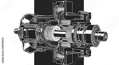 Technical cross section drawing of complex mechanical gear system