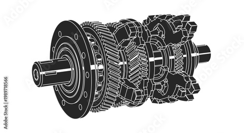 Technical drawing of mechanical transmission gears and shaft