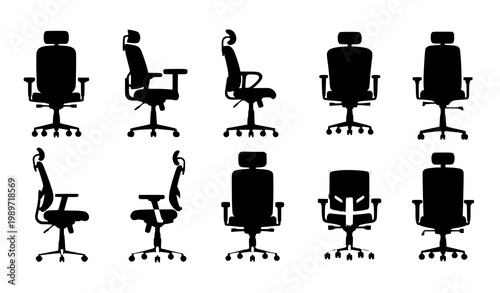 Office chair vector icon set black white furniture ergonomic design