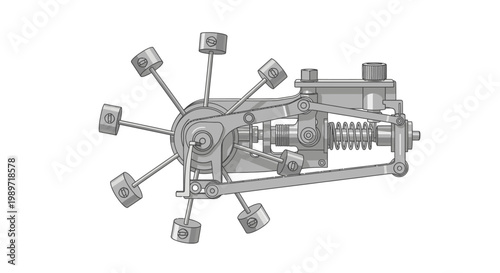 Technical illustration of a complex mechanical radial engine mechanism