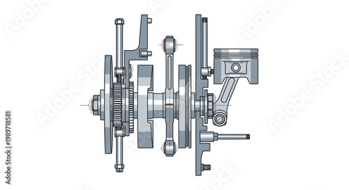 Technical engine crankshaft and piston assembly illustration on white background