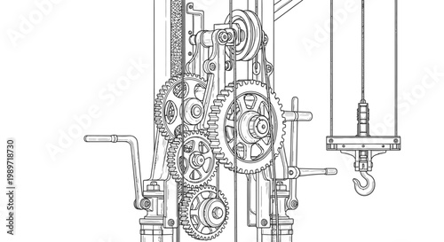 Technical illustration of an industrial crane gear mechanism