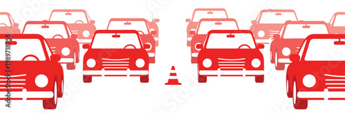 Traffic jam with multiple cars on road minimal flat red illustration urban transport congestion and city traffic concept