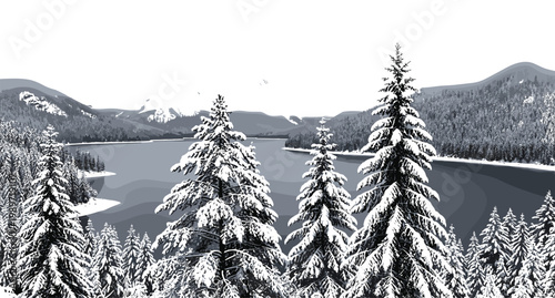Snowy mountain lake landscape with pine trees winter nature scenic illustration peaceful alpine environment