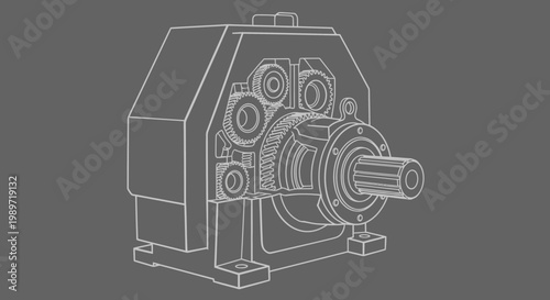 Technical line drawing of industrial gearbox with internal gears