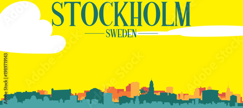 A colourful vector cityscape with sunset tones representing retro minimalist tourist poster skyline of STOCKHOLM, SWEDEN