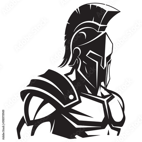 Spartan warrior in armor with crested helmet black and white vector illustration for sports mascot or logo design