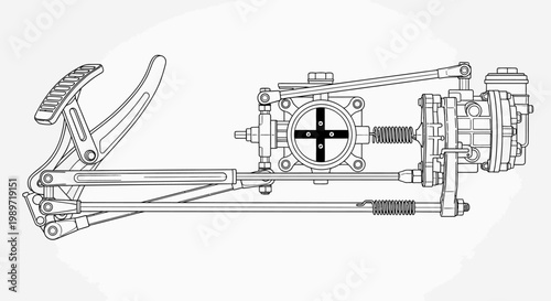 Technical line drawing of car pedal and engine mechanism