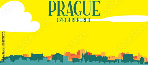 A colourful vector cityscape with sunset tones representing retro minimalist tourist poster skyline of PRAGUE, CZECH REPUBLIC