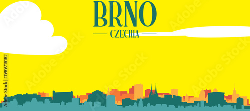 A colourful vector cityscape with sunset tones representing retro minimalist tourist poster skyline of BRNO, CZECH REPUBLIC
