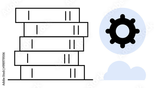 Cloud computing concept. Gear and server stack modern data storage systems and cloud computing solutions. Cloud computing powers scalability, data management, and connectivity. Suitable for IT