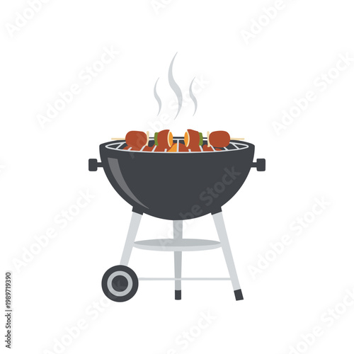 Portable charcoal grill with hotdogs cooking and smoke rising