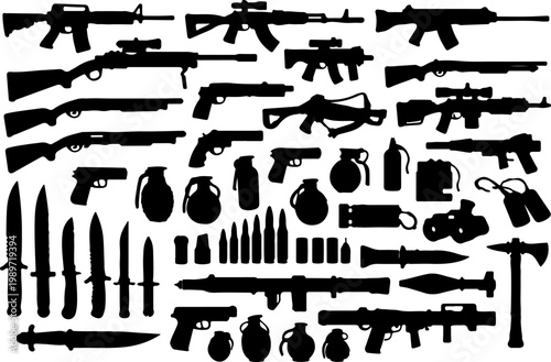 Military Weapons and Firearms Black Silhouette Set — Rifle, Shotgun, Pistol, Sniper, Grenade, Knife, Rocket Launcher, Bullet Vector Collection

