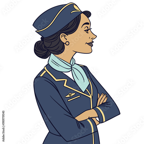 Welcoming airline flight attendant smiling politely in her professional uniform with arms crossed