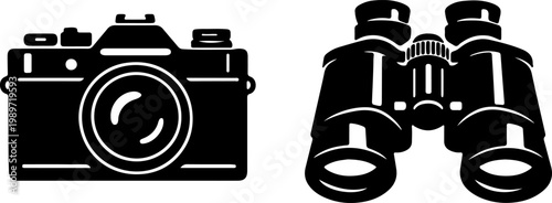 Vintage Camera and Binoculars Black Silhouette Icon Set — Retro Film Camera with Lens and Military Binoculars Vector Illustration