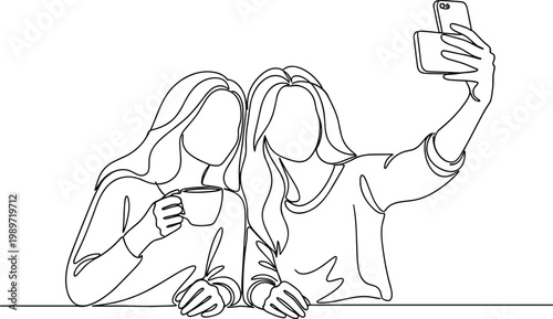Two women taking selfie while drinking coffee continuous line drawing friendship lifestyle social media and casual moment illustration