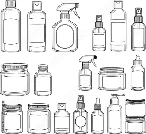 Assorted bottles and jars for beauty and cleaning with spray bottle