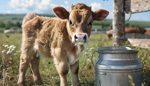 Curious Brown Calf Standing Beside a Vintage Milk Can