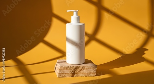 Minimalist product mockup white lotion bottle presentation on stone base for branding