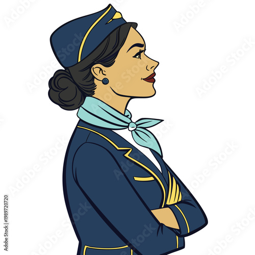 Confident young airline stewardess in uniform looking to the right profile view
