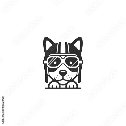 Charming cartoon dog head in vintage pilot helmet and goggles illustration. Adorable pet aviator mascot design for adventure.
