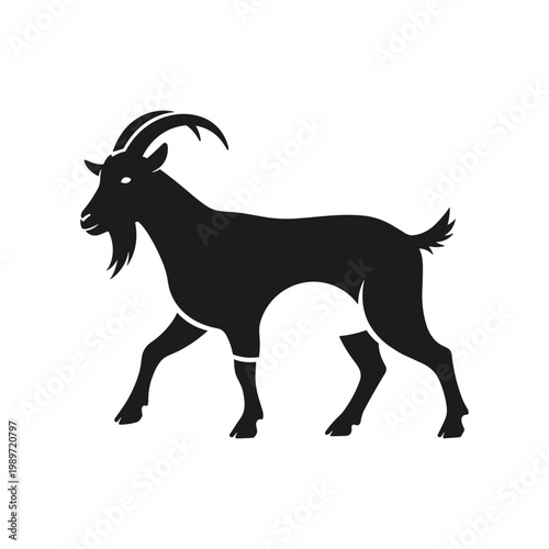 A silhouette of a goat with large curved horns standing on all fours