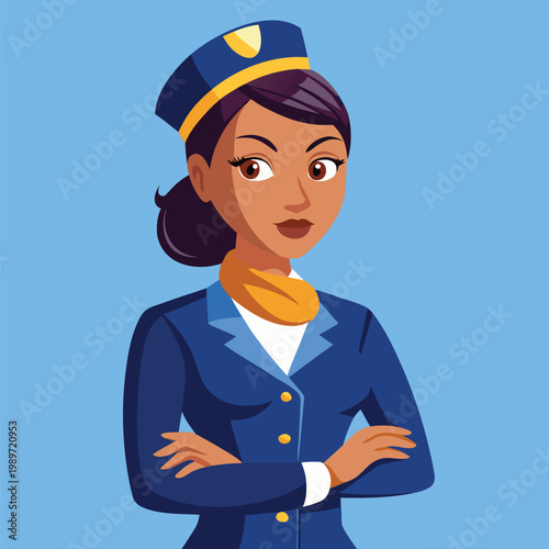 Professional African American airline stewardess smiling with arms crossed in uniform