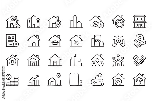 Home investment icons, real estate property symbols, finance valuation and rent UI