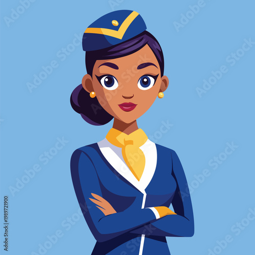 Confident young flight attendant illustration wearing a smart blue uniform and yellow cravat