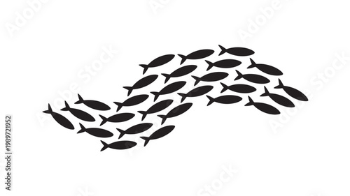 School Of Black Fish Swimming Together In White Background For Business Concepts