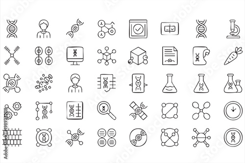 Medical science icons, DNA genome symbols, biotechnology research, laboratory analysis icons for web and apps