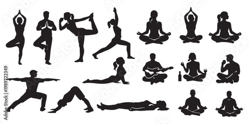 Yoga and Meditation Silhouette Set with Various Poses for Fitness and Wellness
