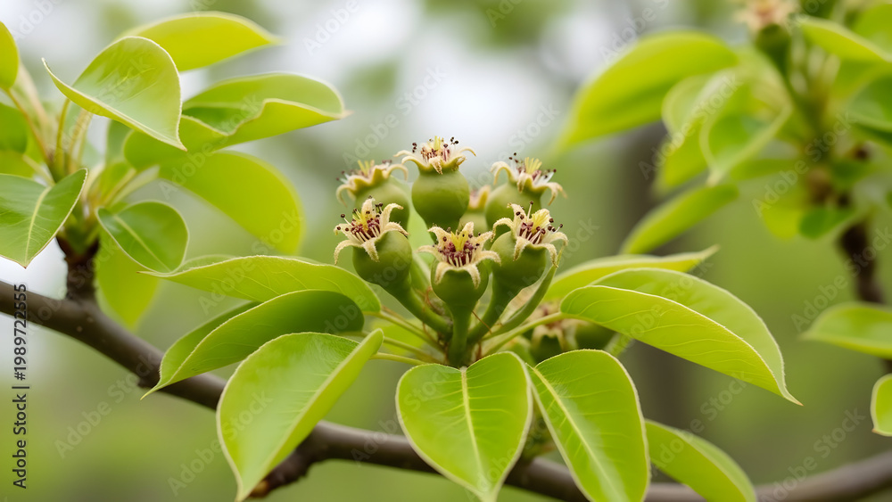 Fototapeta premium Close up of pear tree blossoms and emerging green leaves in spring
