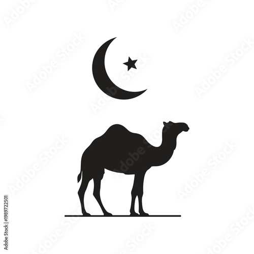 Silhouette of a camel standing beneath a crescent moon and star