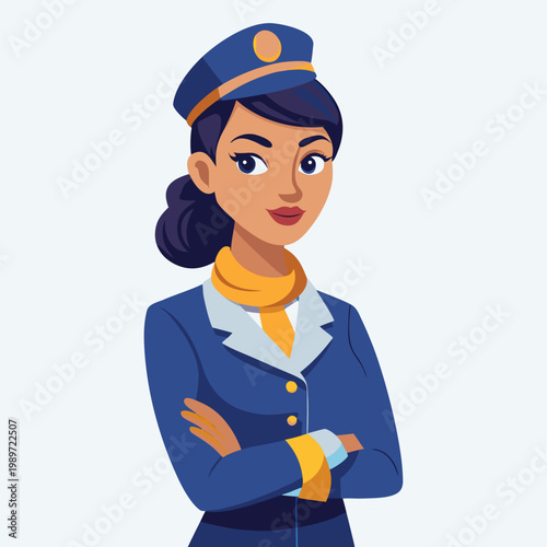 Professional airline cabin crew member standing confidently with arms crossed in blue uniform