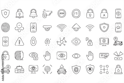 Security line icons, cybersecurity symbols, data protection, encryption, access control icons for interfaces
