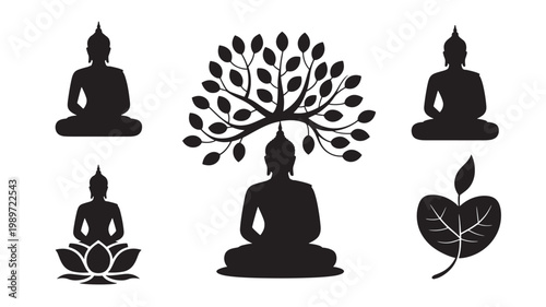 Black silhouettes of Buddha sitting in various meditation poses with tree and lotus flower for spirituality and wellness concepts